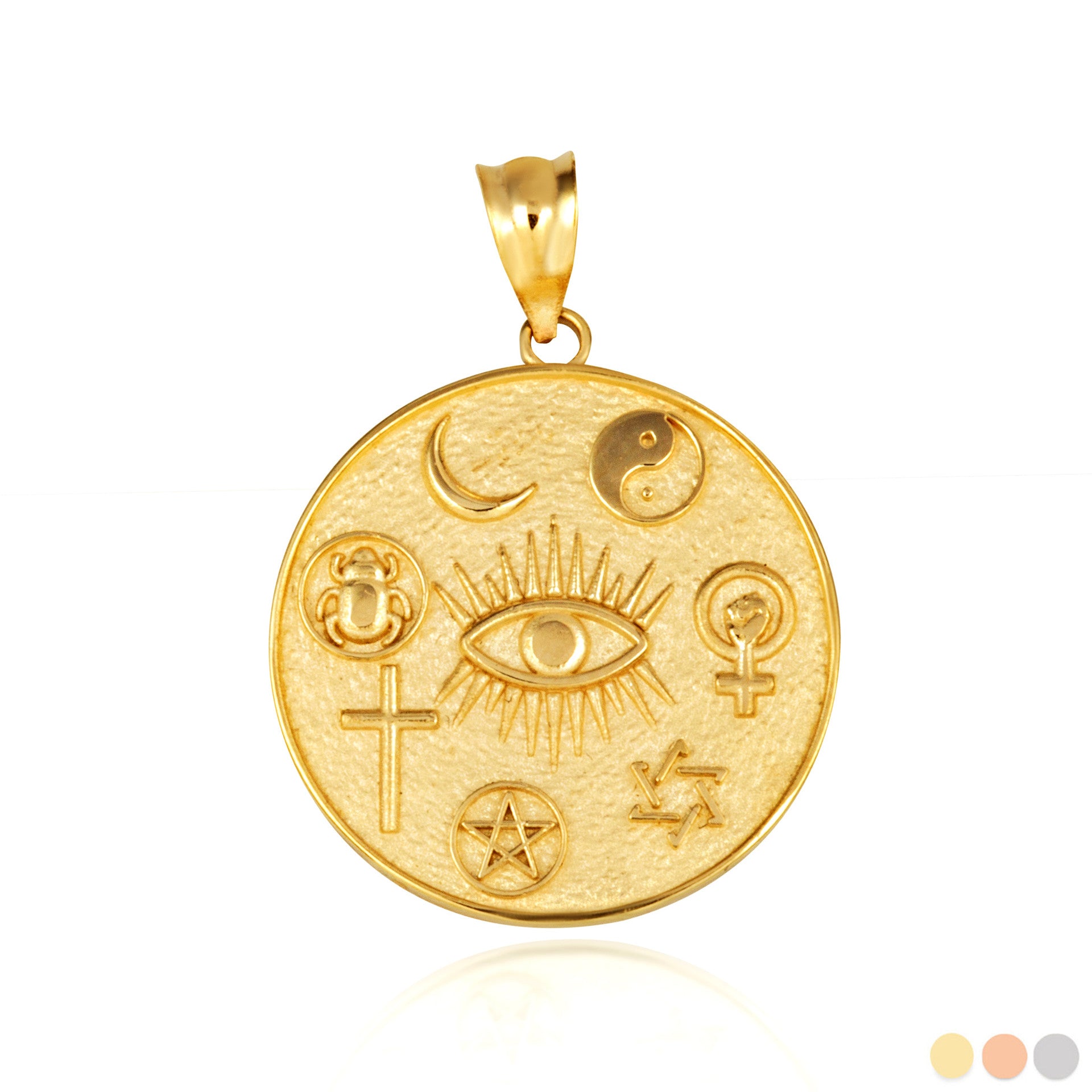 Gold Religious Interfaith Spiritual Medallion Pendant Necklace (Available in Yellow/Rose/White Gold)