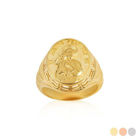 Gold Religious Patron Saint Joseph Baby Jesus Beaded Oval Signet Ring (Available in Yellow/Rose/White Gold)
