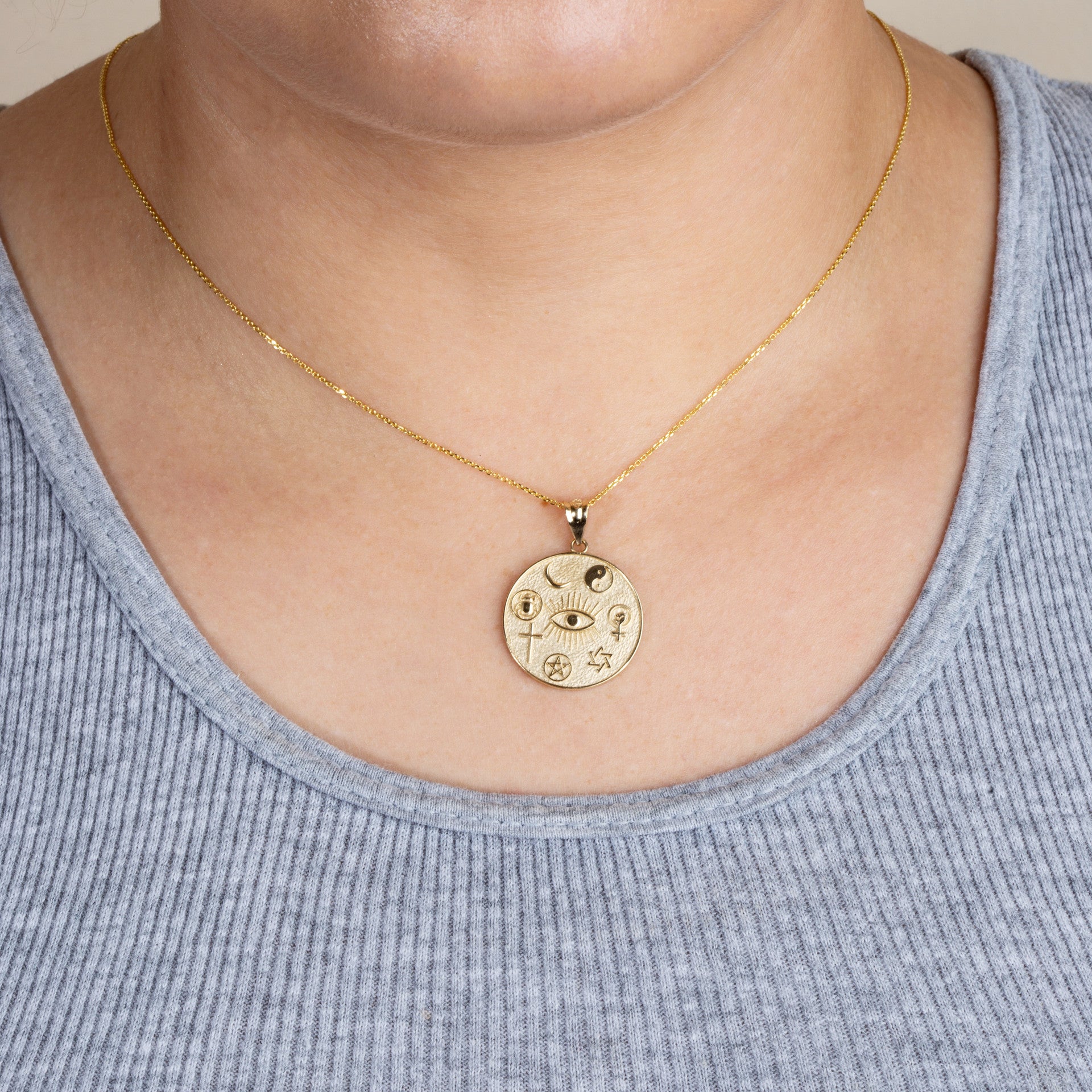 Gold Religious Interfaith Spiritual Medallion Pendant Necklace (Available in Yellow/Rose/White Gold)