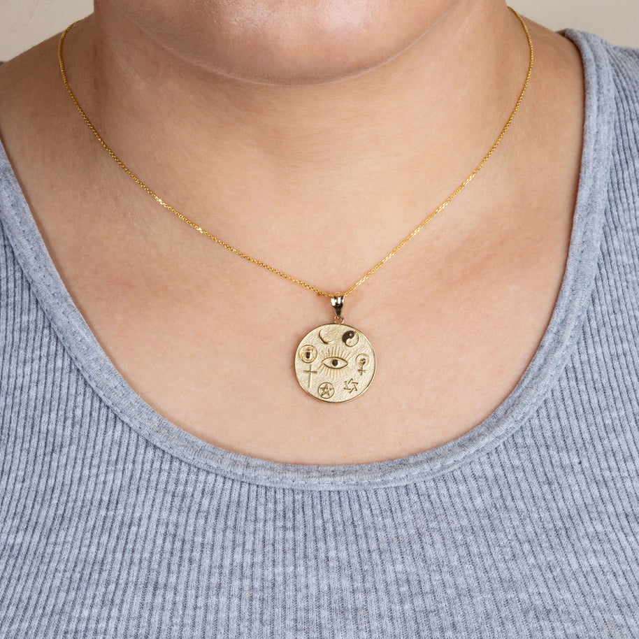 Gold Religious Interfaith Spiritual Medallion Pendant Necklace (Available in Yellow/Rose/White Gold)