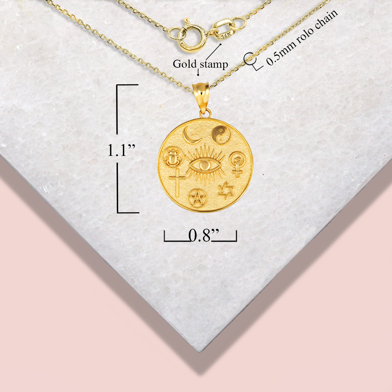 Gold Religious Interfaith Spiritual Medallion Pendant Necklace (Available in Yellow/Rose/White Gold)