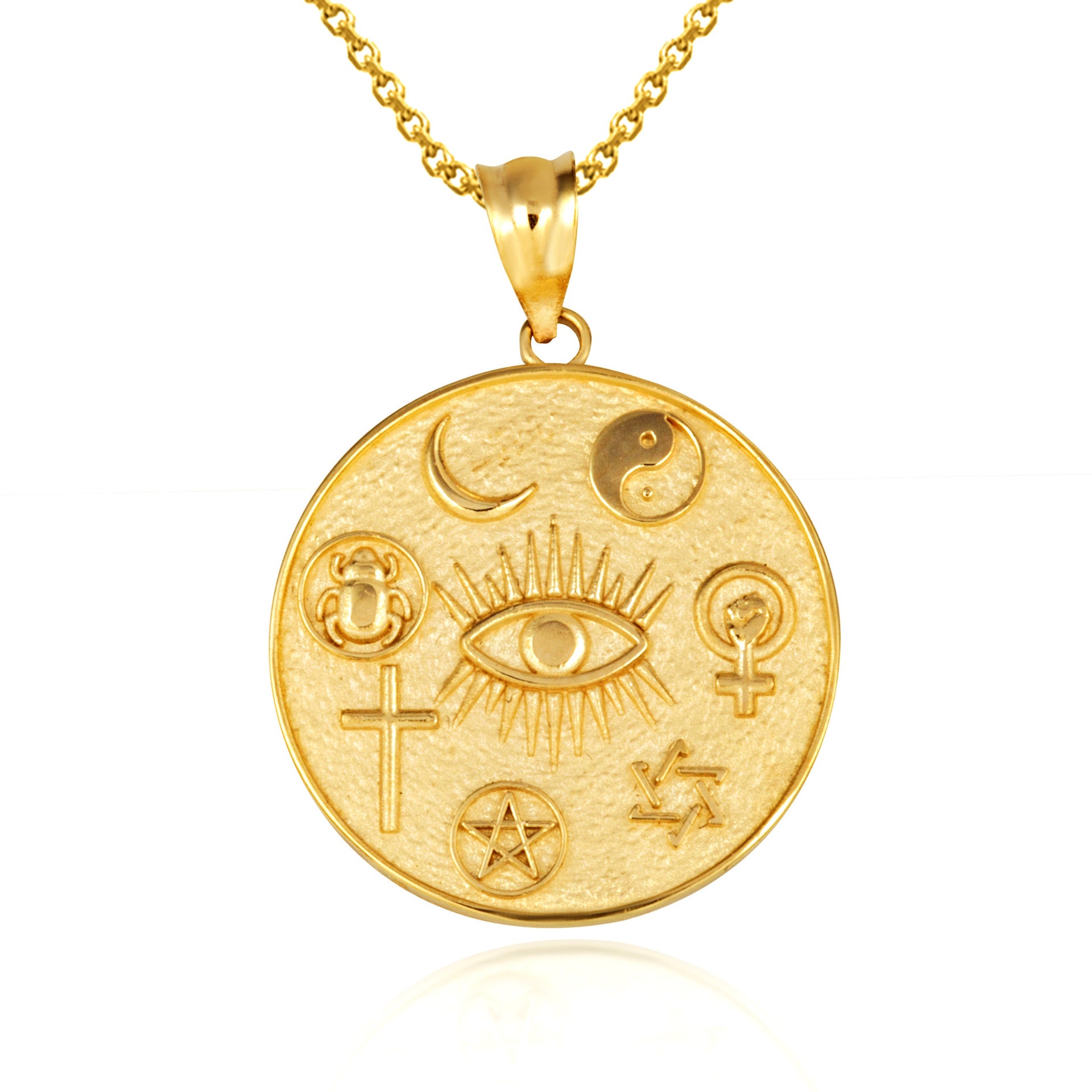 Gold Religious Interfaith Spiritual Medallion Pendant Necklace (Available in Yellow/Rose/White Gold)