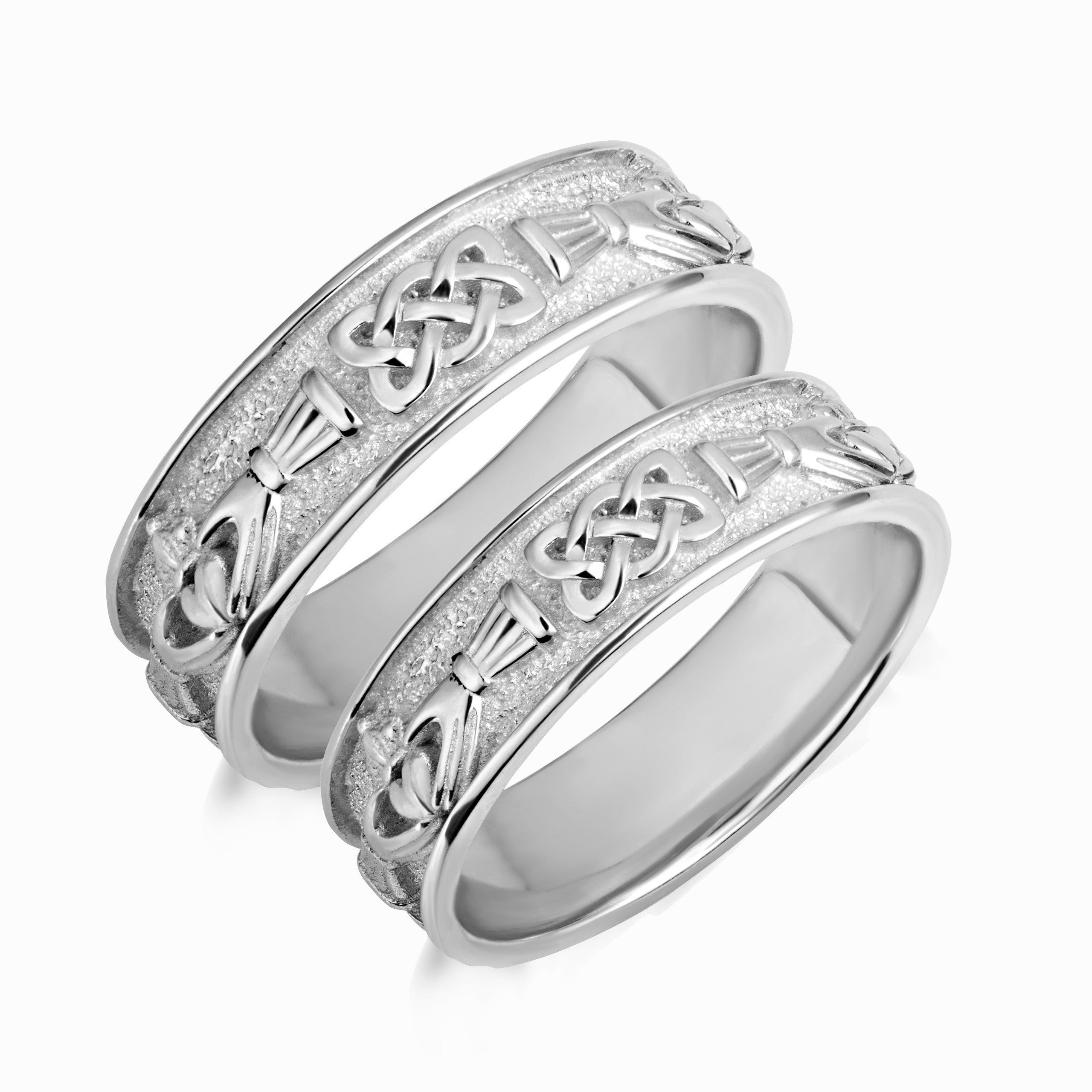 .925 Sterling Silver Unisex Celtic Claddagh Heart Trinity Knot Milgrain Band Ring Set
