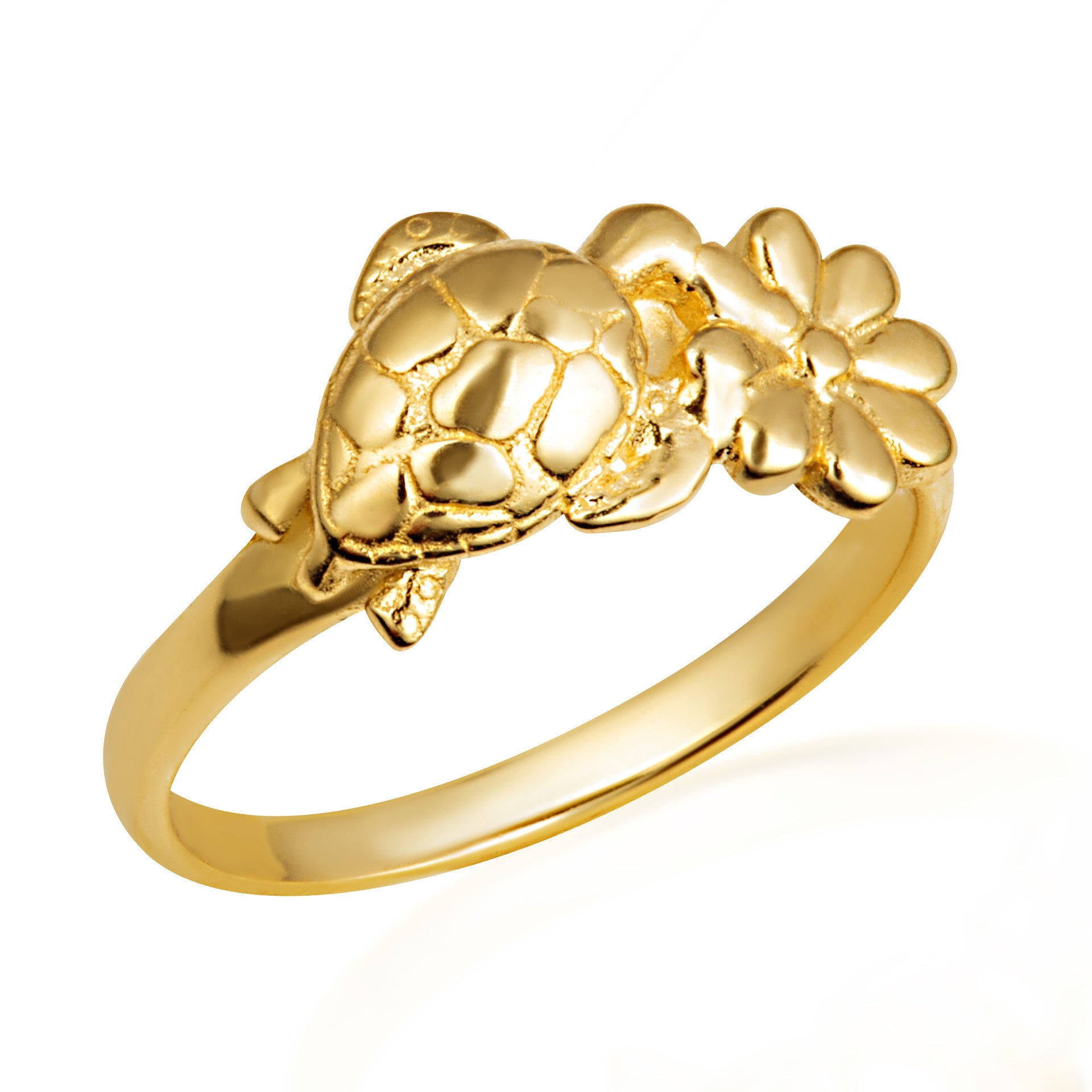 Gold Sea Turtle Daisy Flower Nature Ring (Available in Yellow/Rose/White Gold)