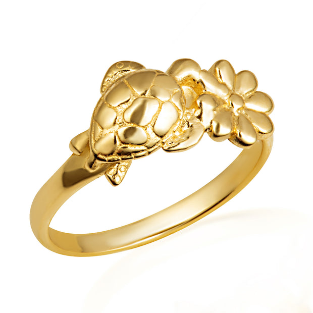 Gold Sea Turtle Daisy Flower Nature Ring (Available in Yellow/Rose/White Gold)