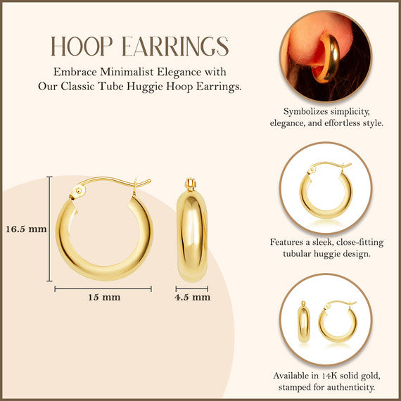 14K Yellow Gold Tube Huggie Hoop Earrings