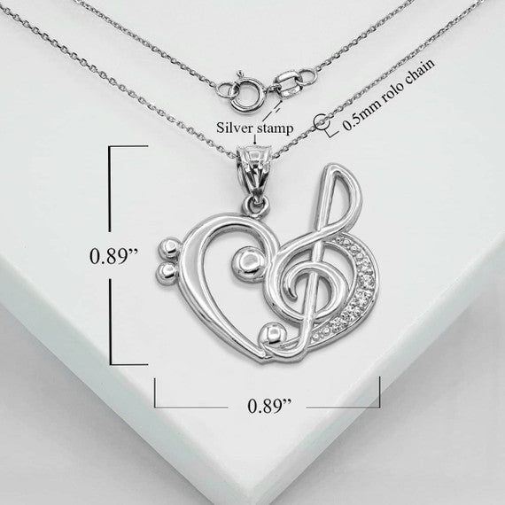 Silver Music Heart Treble Clef Pendant Necklace