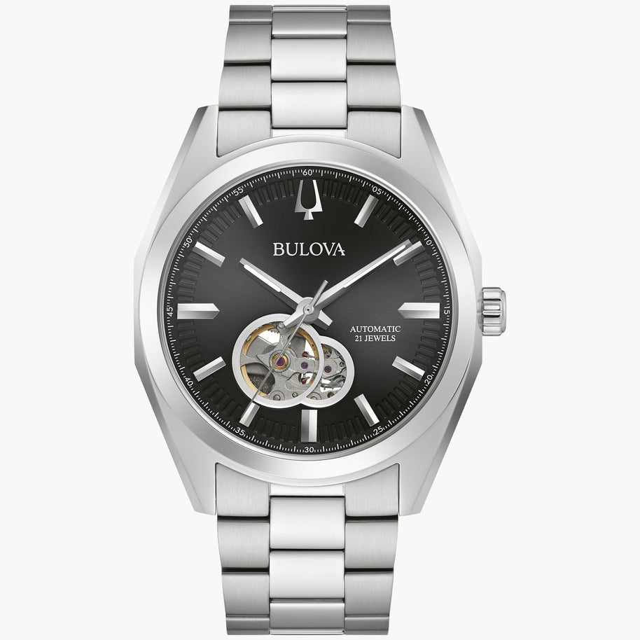 Bulova 96A270 Men's Surveyor Automatic Open Aperture Silver-Tone Watch