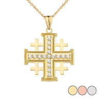 Gold Cubic Zirconia Jerusalem Cross Pendant Necklace (Available in Yellow/Rose/White Gold)