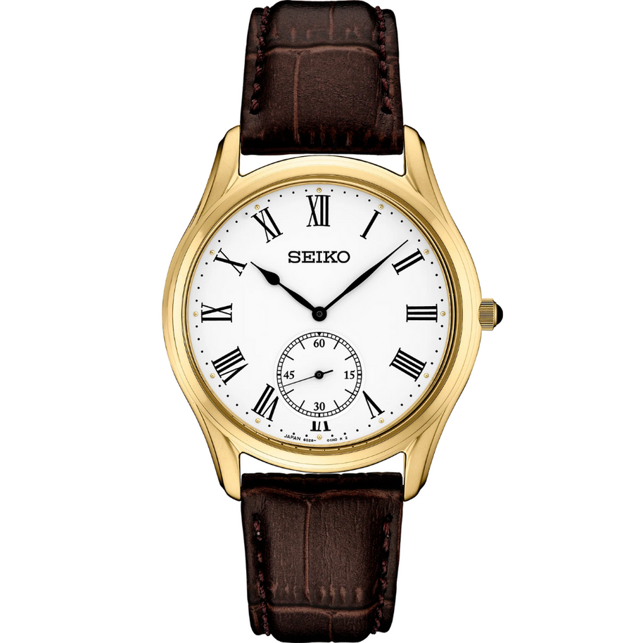 SRK050 Seiko Essentials Quartz White Dial Brown Leather Gold Men's Watch