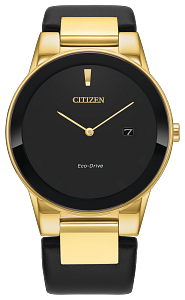 AU2002-01E Citizen Eco-Drive Quartz Leather Strap Watch Black Dial Gold-Tone Stainless Steel Men's Watch