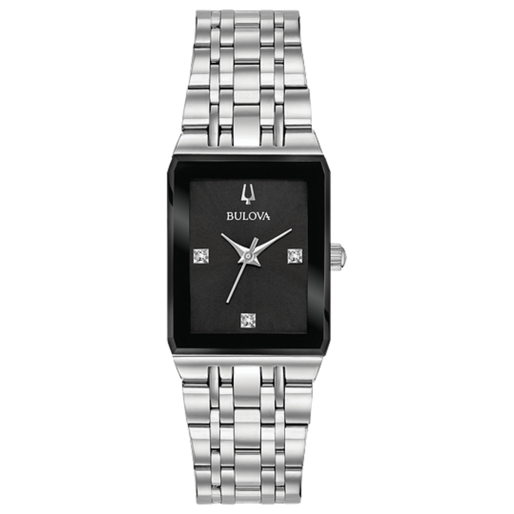 96P202 Bulova Quadra Diamond Black Dial Silver-Tone Ladies Watch
