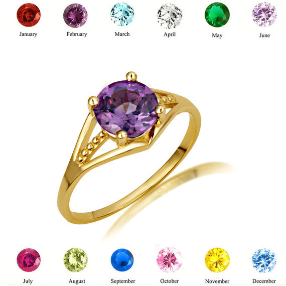 Gold Round Beaded Cubic Zirconia Birthstone Ring (Available in Yellow/Rose/White Gold)