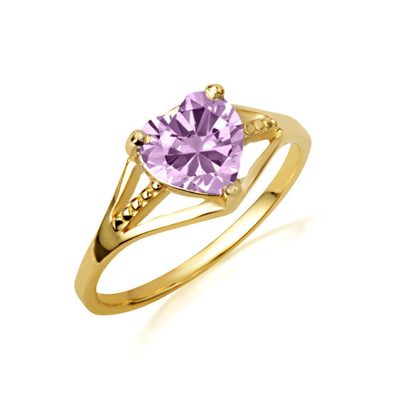 Gold Heart Beaded Cubic Zirconia Birthstone Love Ring (Available in Yellow/Rose/White Gold)