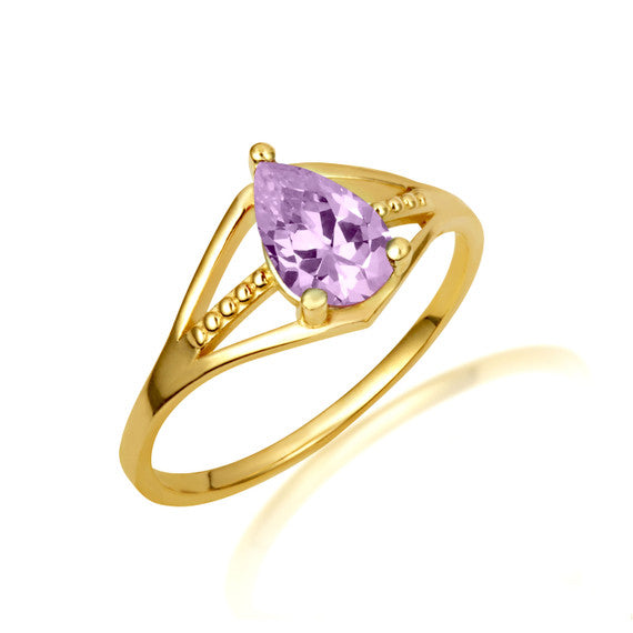Gold Pear Cut Beaded Cubic Zirconia Birthstone Ring (Available in Yellow/Rose/White Gold)