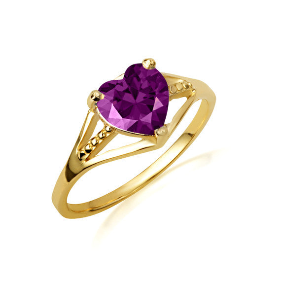 Gold Heart Beaded Cubic Zirconia Birthstone Love Ring (Available in Yellow/Rose/White Gold)
