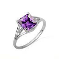 .925 Sterling Silver Square Cut Cubic Zirconia Birthstone Beaded Ring