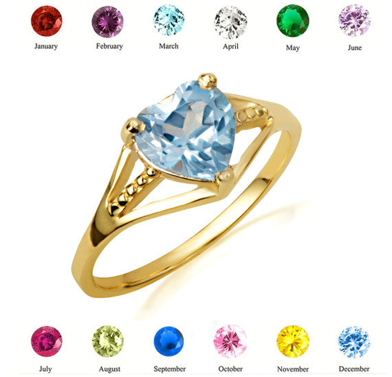 Gold Heart Beaded Cubic Zirconia Birthstone Love Ring (Available in Yellow/Rose/White Gold)