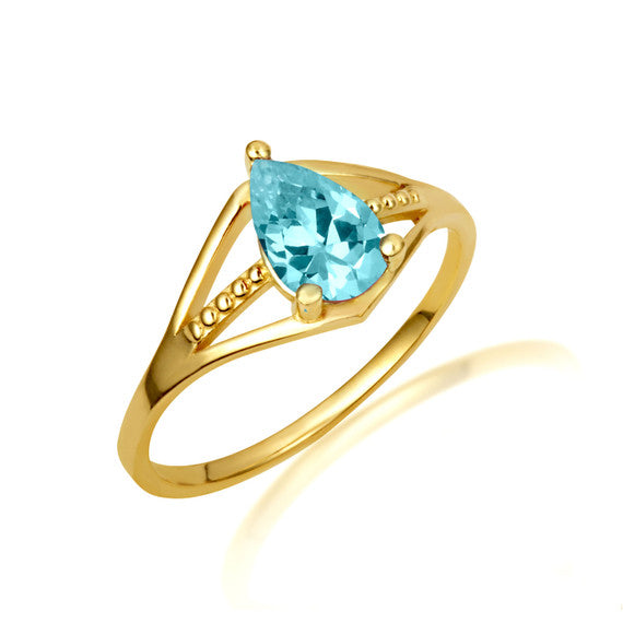 Gold Pear Cut Beaded Cubic Zirconia Birthstone Ring (Available in Yellow/Rose/White Gold)