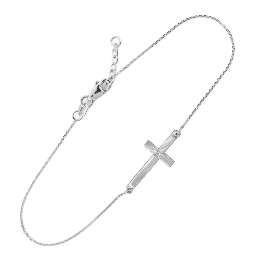 .925 Sterling Silver Diamond Religious Sideways Cross Bracelet