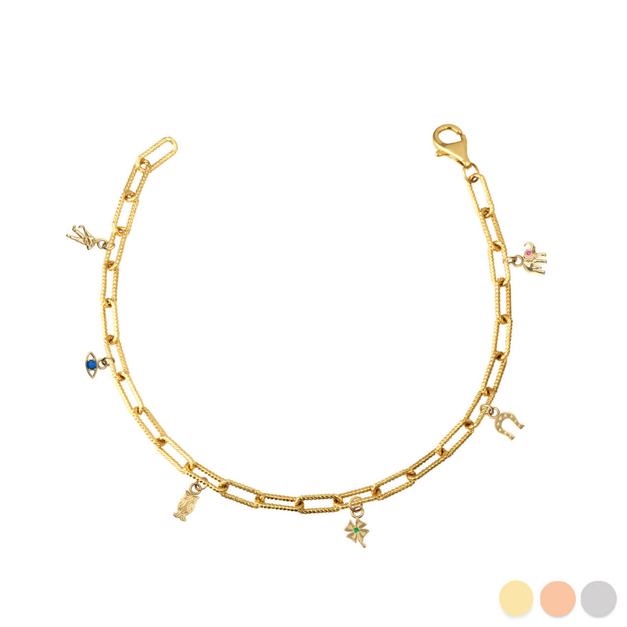 Gold Lucky Charm Symbols Birthstone Paperclip Chain Link Bracelet (Available in Yellow/Rose/White Gold)