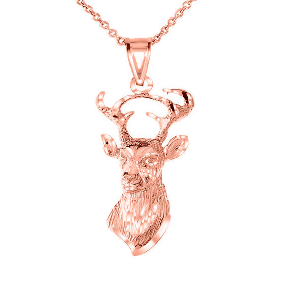 Gold Diamond Cut Deer Head Buck Antlers Pendant Necklace (Available in Yellow/Rose/White Gold)