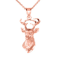 Gold Diamond Cut Deer Head Buck Antlers Pendant Necklace (Available in Yellow/Rose/White Gold)
