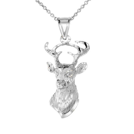 Gold Diamond Cut Deer Head Buck Antlers Pendant Necklace (Available in Yellow/Rose/White Gold)