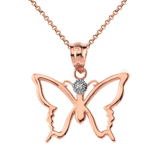 Solid Gold Butterfly Outline Solitaire Pendant Necklace (Available in Yellow/Rose/White Gold)
