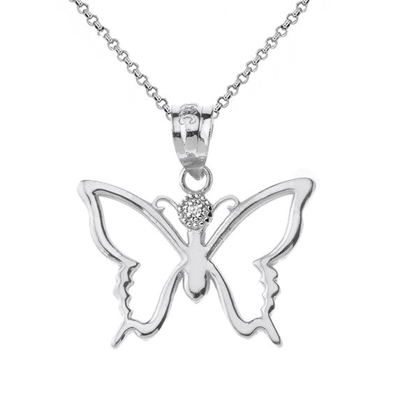 Solid Gold Butterfly Outline Solitaire Pendant Necklace (Available in Yellow/Rose/White Gold)