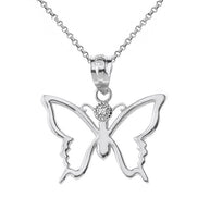 Solid Gold Butterfly Outline Solitaire Pendant Necklace (Available in Yellow/Rose/White Gold)