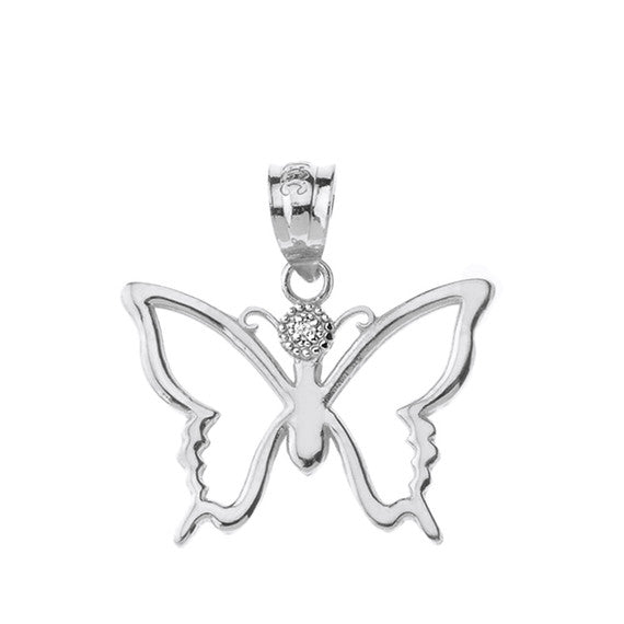 Solid Gold Butterfly Outline Solitaire Pendant Necklace (Available in Yellow/Rose/White Gold)