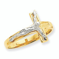 Solid Gold Polished & Diamond-Cut Mens Crucifix Ring (Available In Two-Tone Yellow/White Gold)