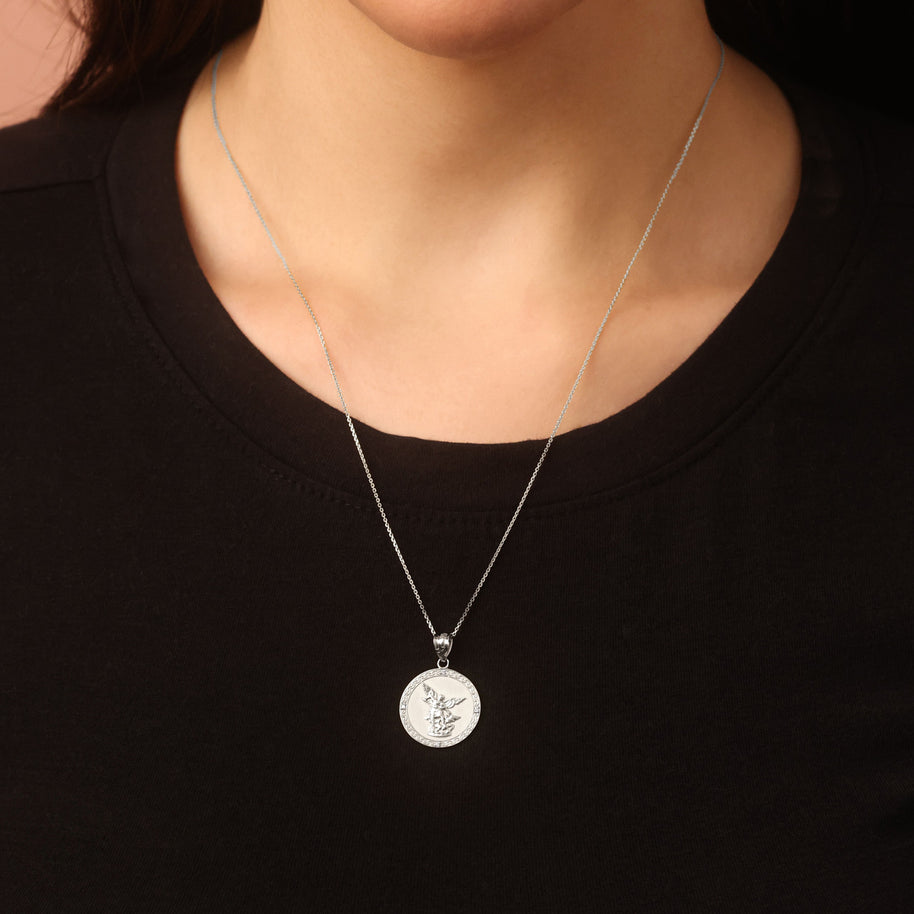 Silver Saint Michael Pendant Necklace with Cubic Zirconia