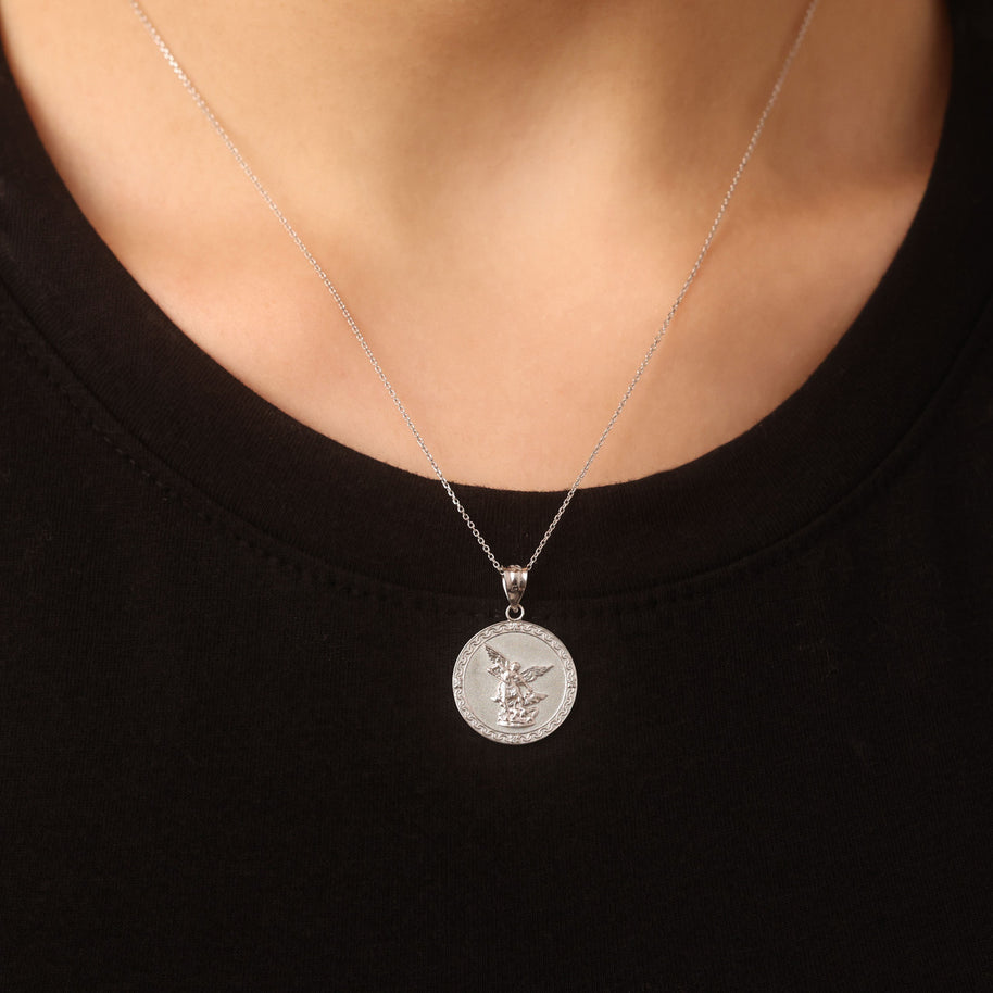 Silver Saint Michael Pendant Necklace with Cubic Zirconia