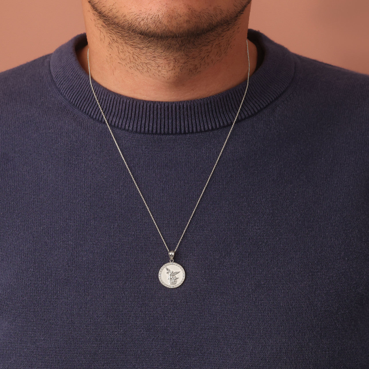 Silver Saint Michael Pendant Necklace with Cubic Zirconia