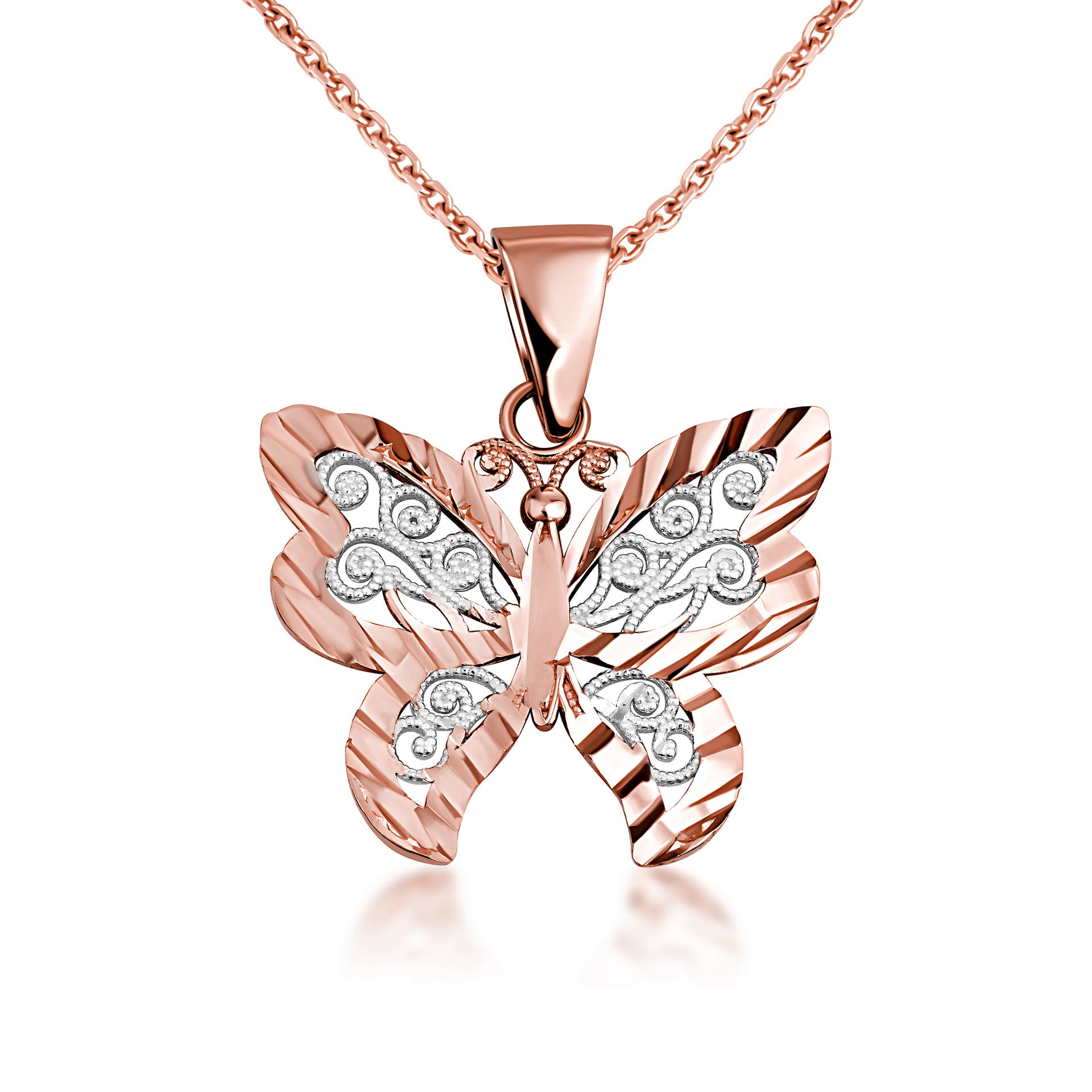 Solid Gold Butterfly Pendant Necklace in Two-Tone (Available in Yellow/Rose/White)