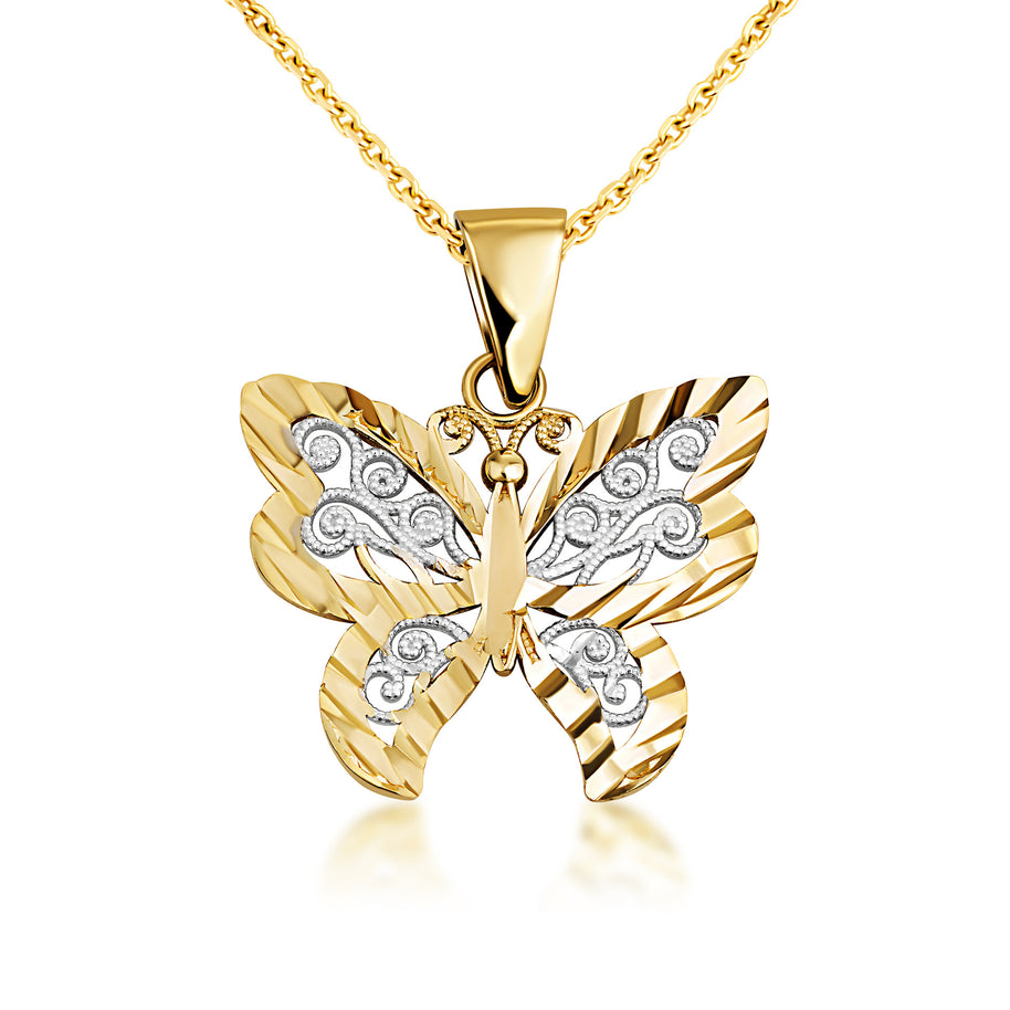 Solid Gold Butterfly Pendant Necklace in Two-Tone (Available in Yellow/Rose/White)