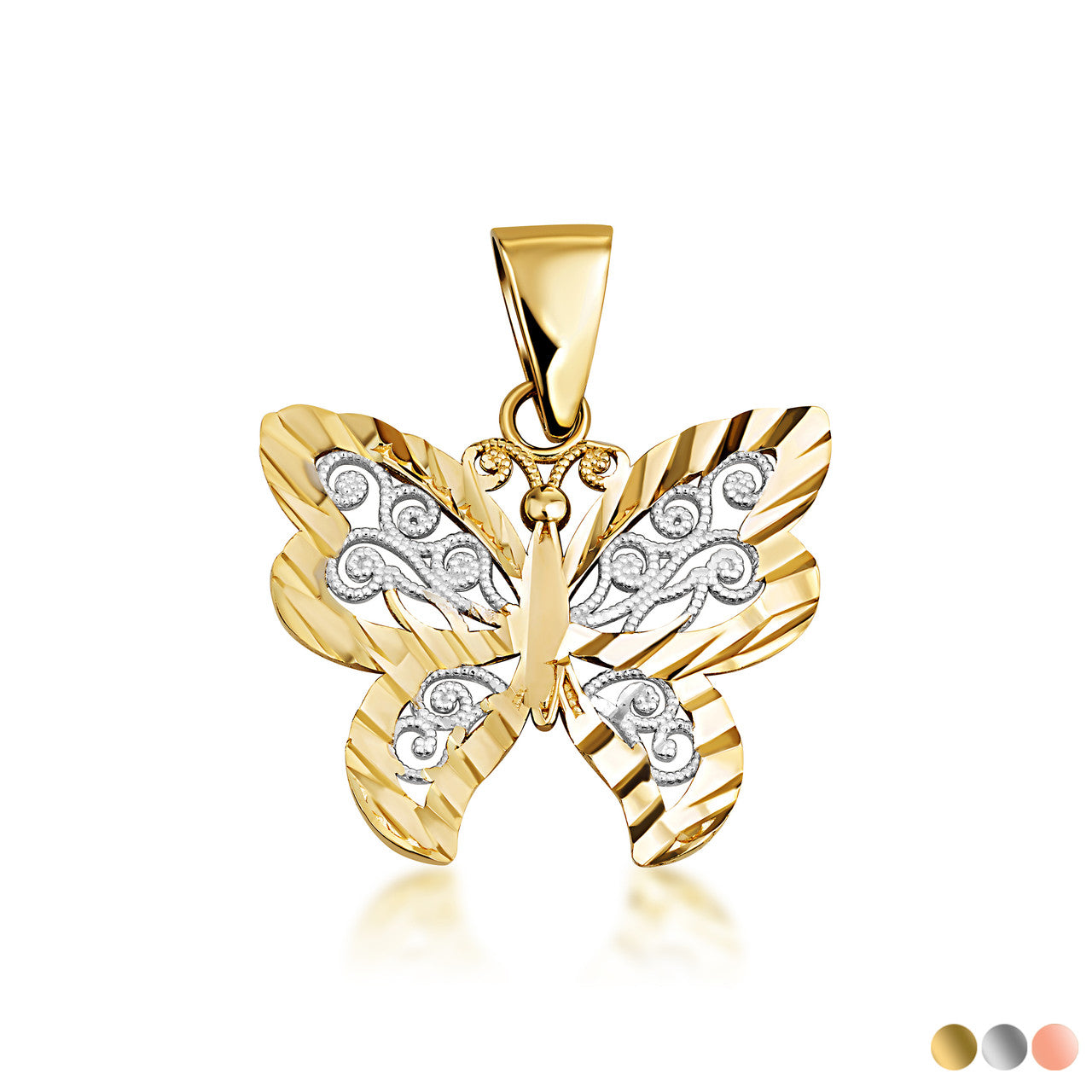 Solid Gold Butterfly Pendant Necklace in Two-Tone (Available in Yellow/Rose/White)