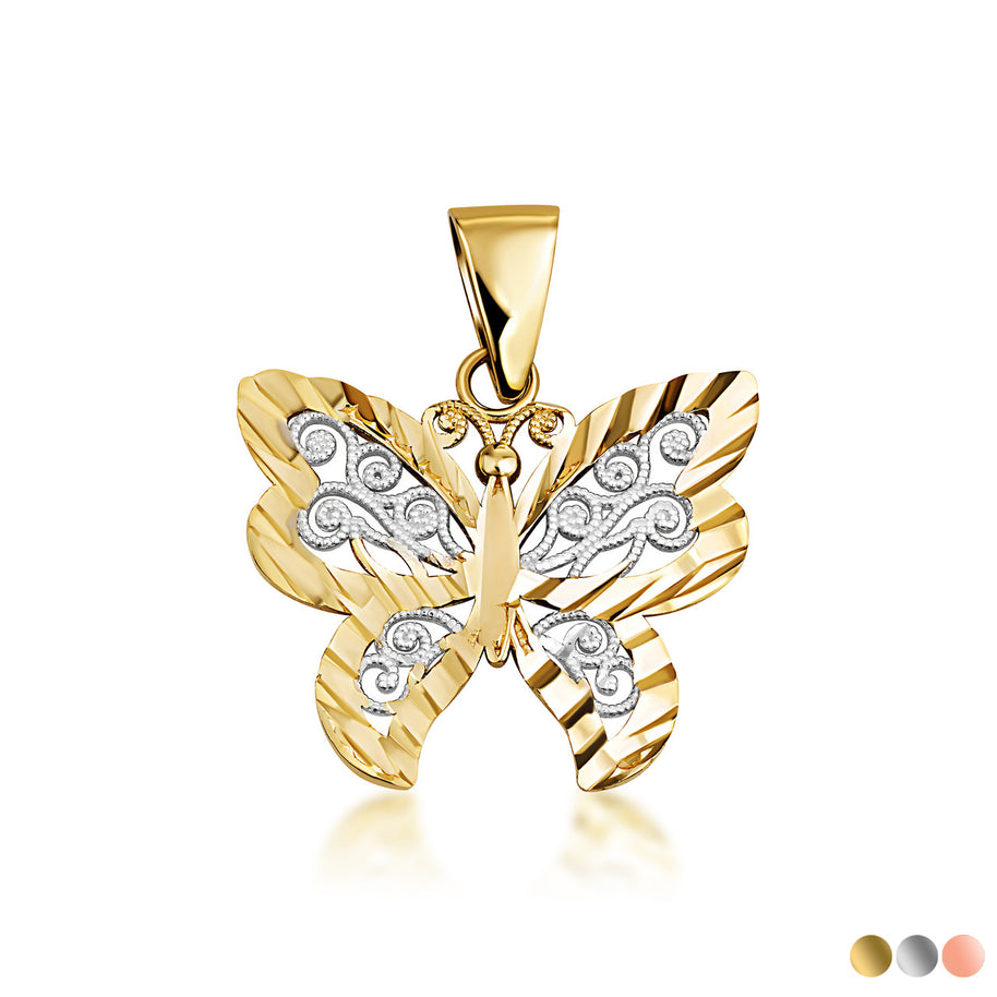Solid Gold Butterfly Pendant Necklace in Two-Tone (Available in Yellow/Rose/White)