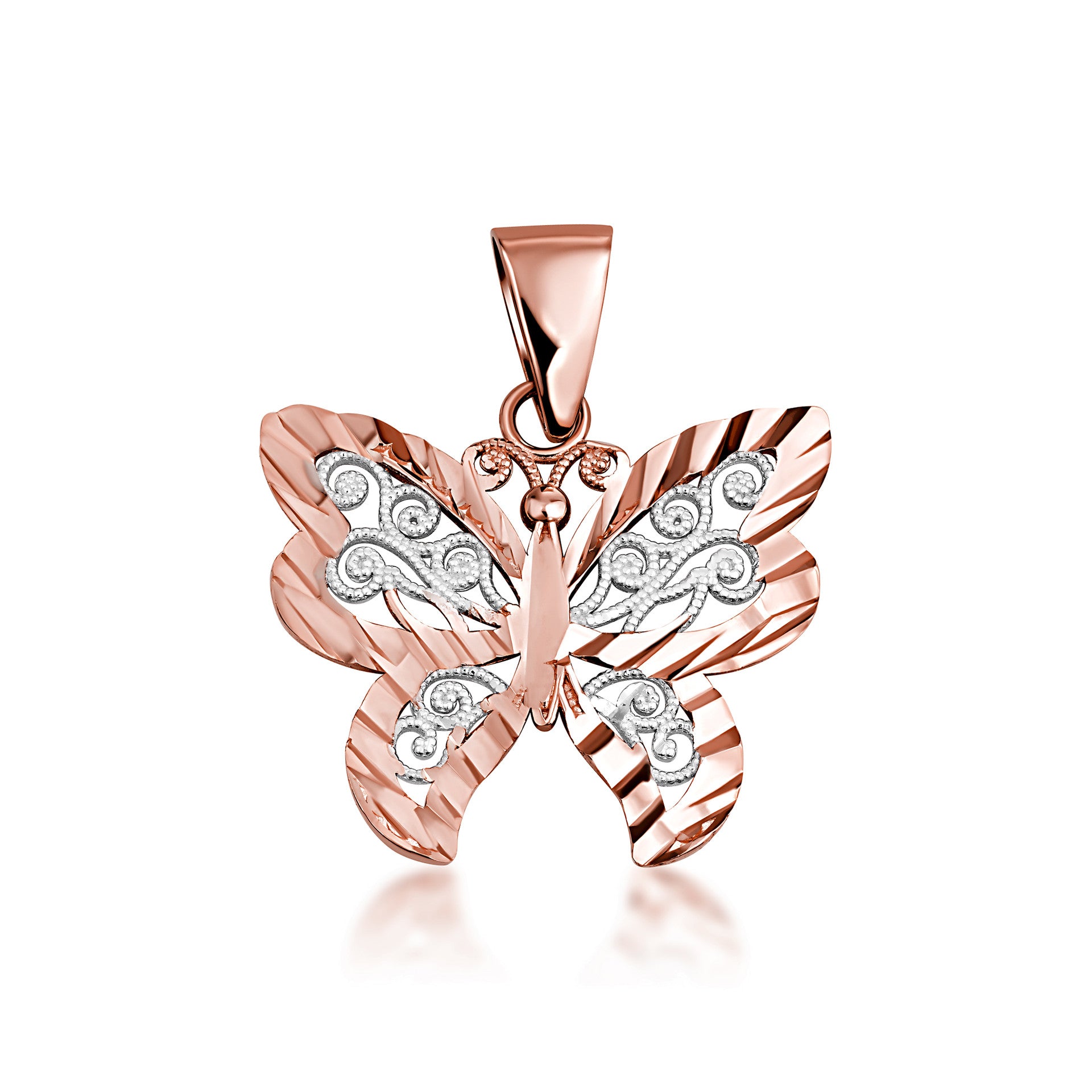 Solid Gold Butterfly Pendant Necklace in Two-Tone (Available in Yellow/Rose/White)