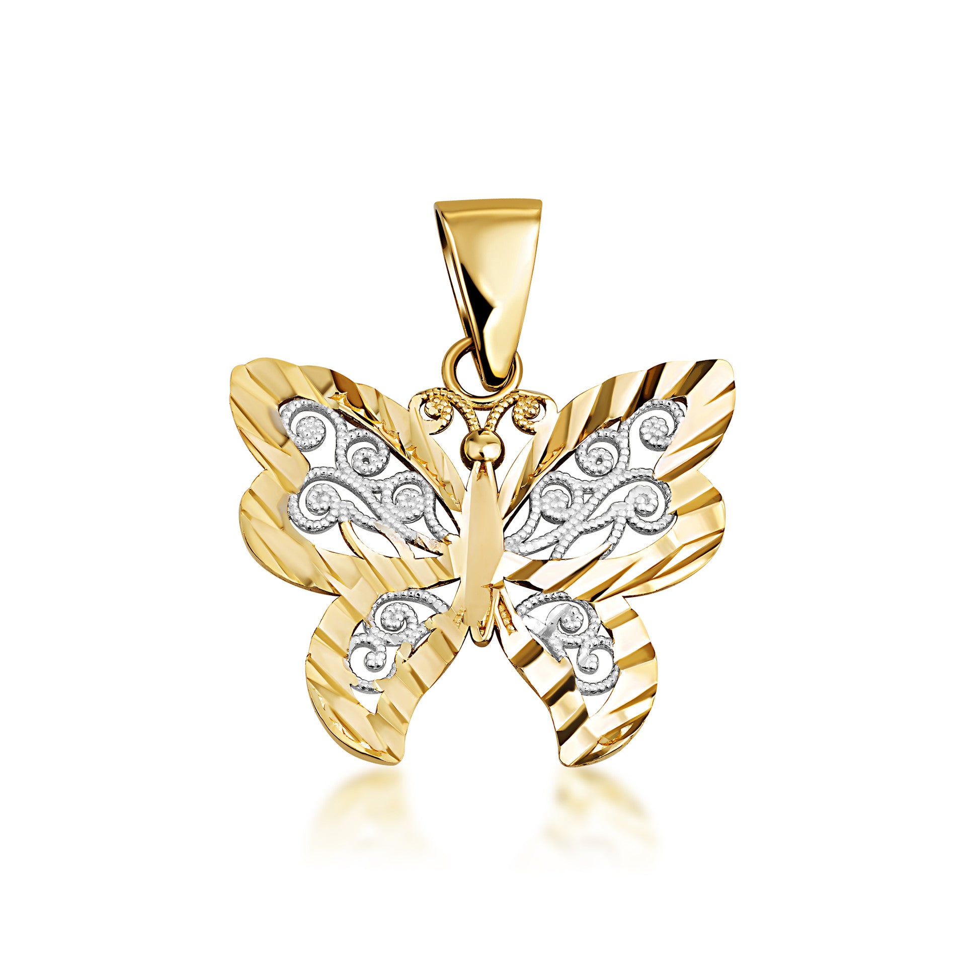 Solid Gold Butterfly Pendant Necklace in Two-Tone (Available in Yellow/Rose/White)