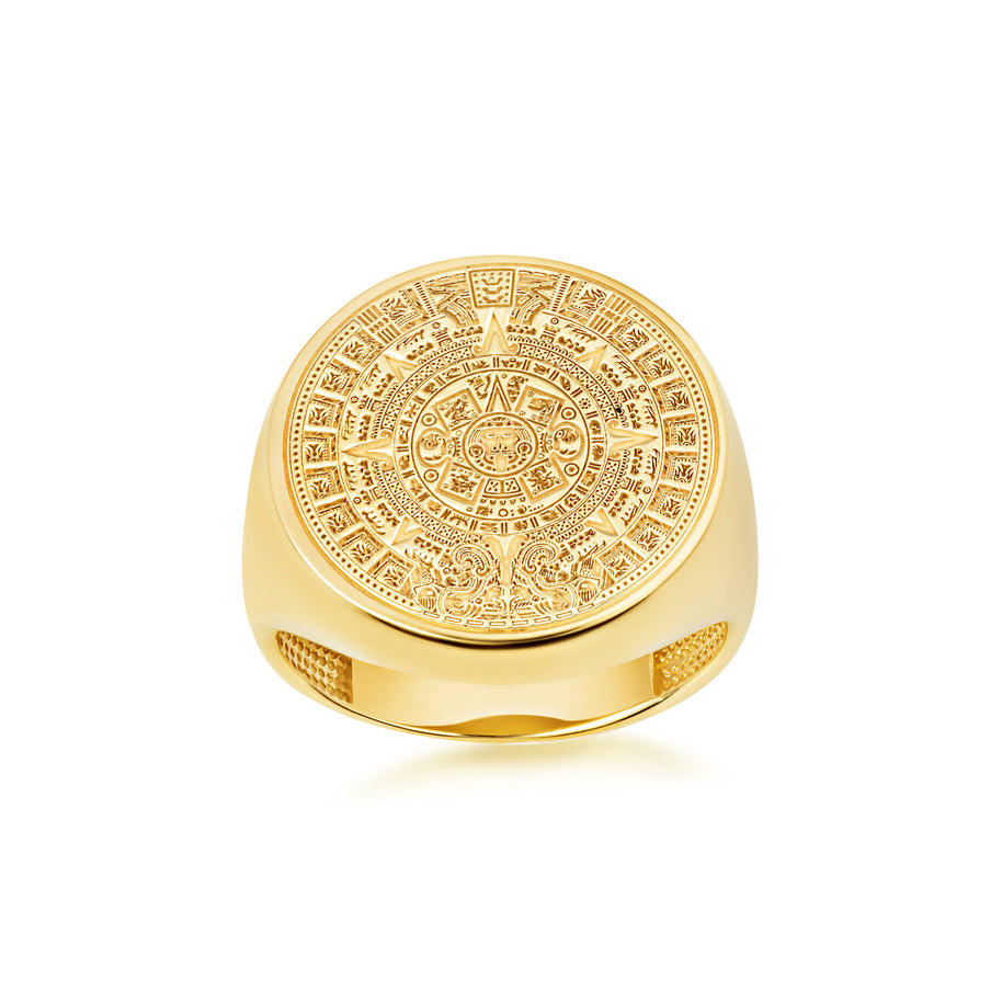 Yellow Gold Aztec Sun Stone Signet Ring