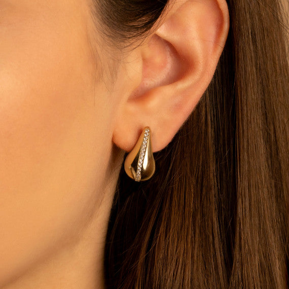 14K Yellow Gold Cubic Zirconia Striped Teardrop Caged Back Stud Earrings