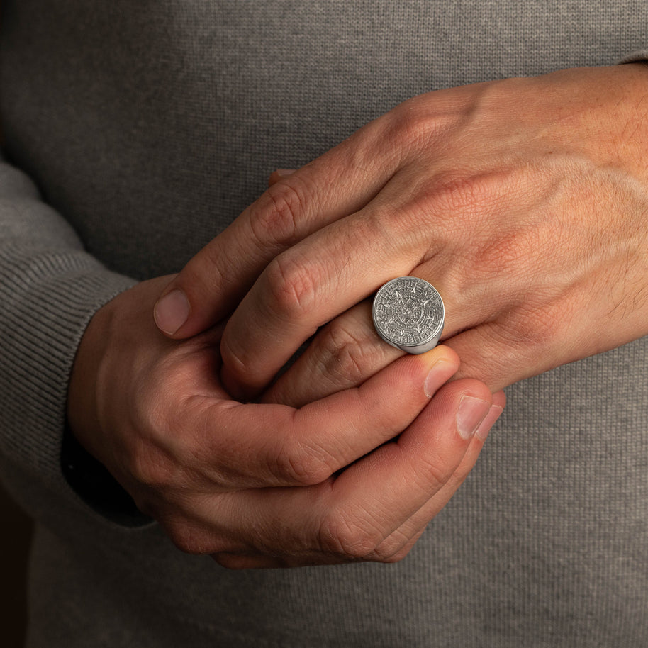 .925 Sterling Silver Aztec Sun Stone Signet Ring