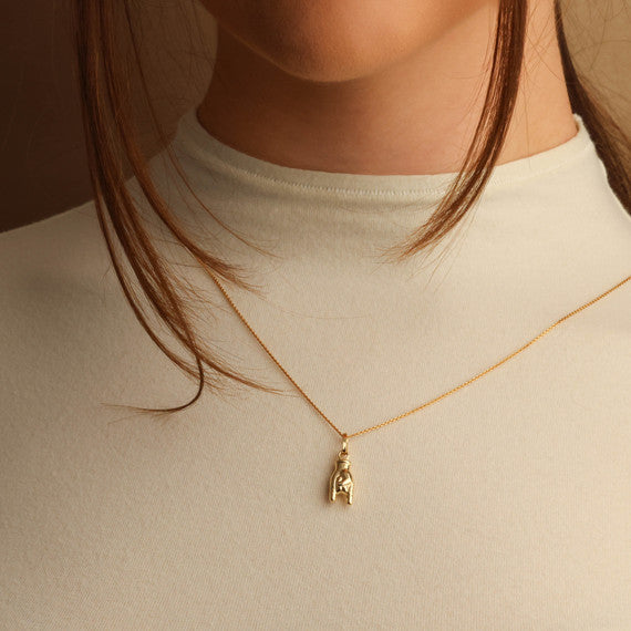 Rock and Roll Hand Sign Necklace in 14K Gold
