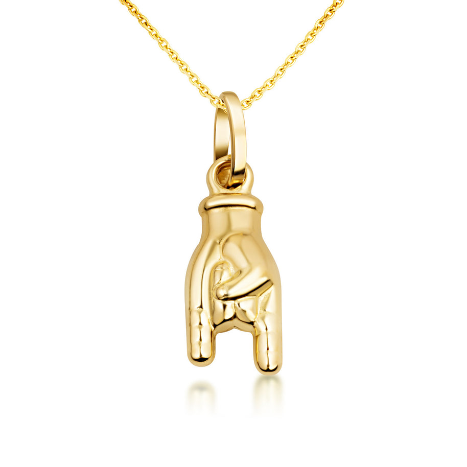 Rock and Roll Hand Sign Necklace in 14K Gold