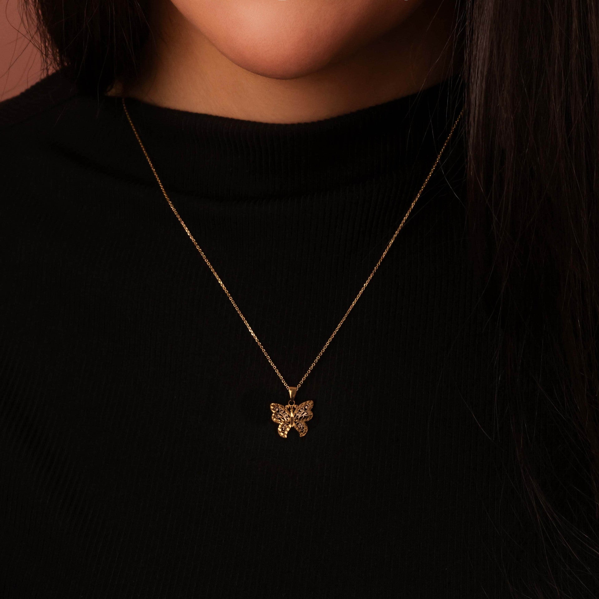 Solid Gold Butterfly Pendant Necklace in Two-Tone (Available in Yellow/Rose/White)