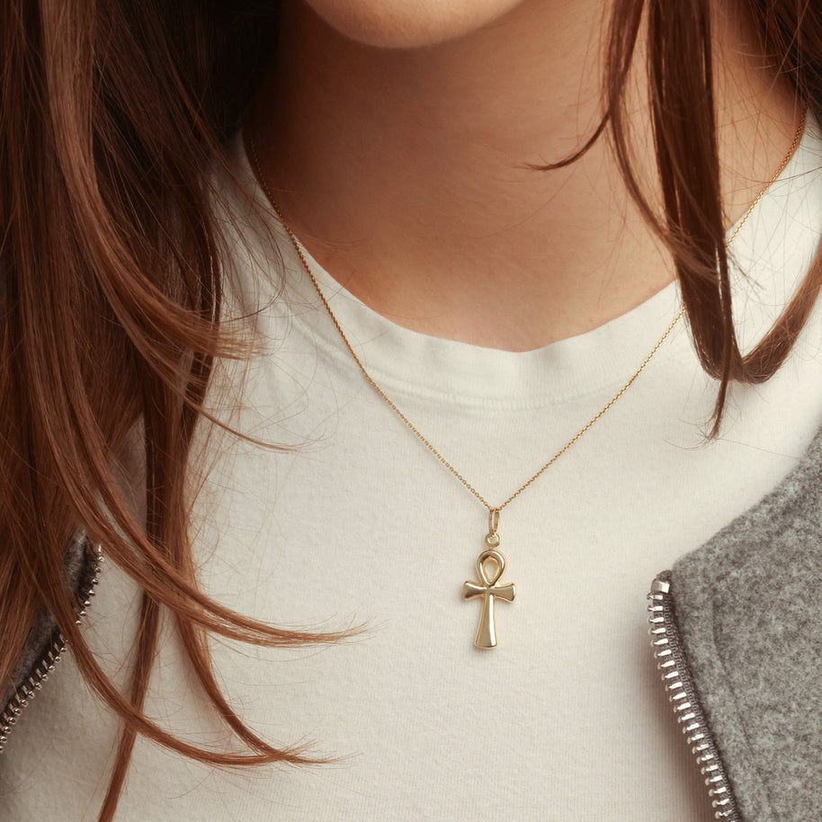 14K Gold Egyptian Ankh Cross Pendant Necklace