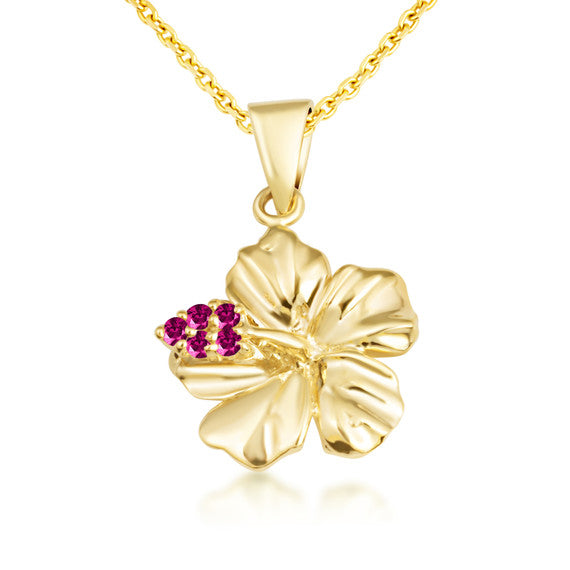 Gold Hibiscus Flower Necklace (Available with Red or Clear Cubic Zirconia)